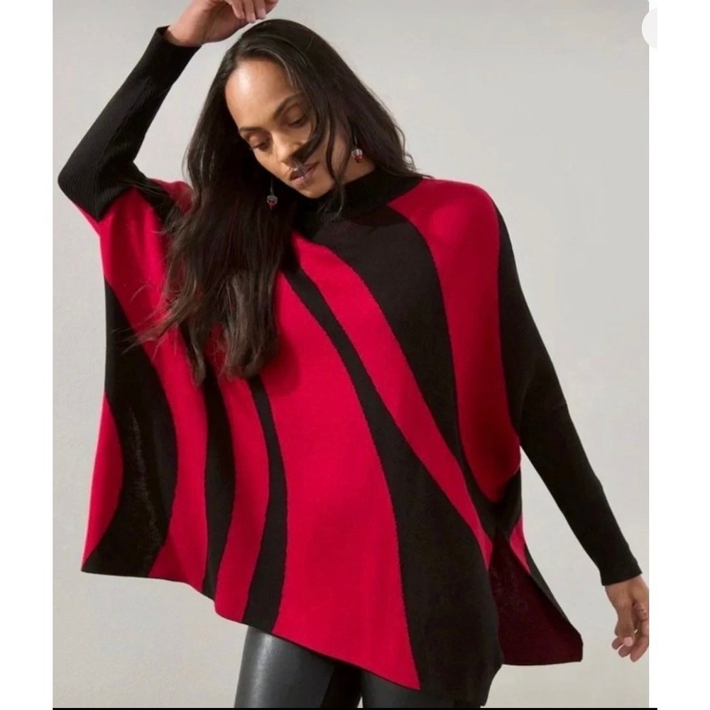 Chico's NWT L/XL Red Black Graphic Poncho Sweater Oversized Mock Neck Tunic